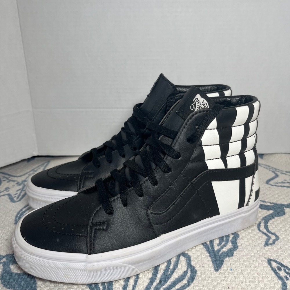 Vans Sk8-Hi Black White Leather Graphic High Top Sneakers Womens 8 Mens 6.5